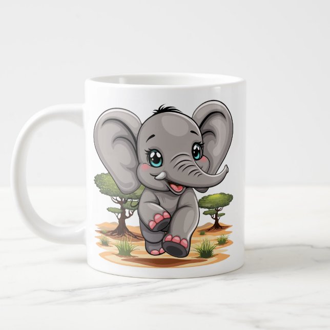 Caneca De Café Grande Elefante Bebê Pulando Feliz em Savana Africana (Esquerda)