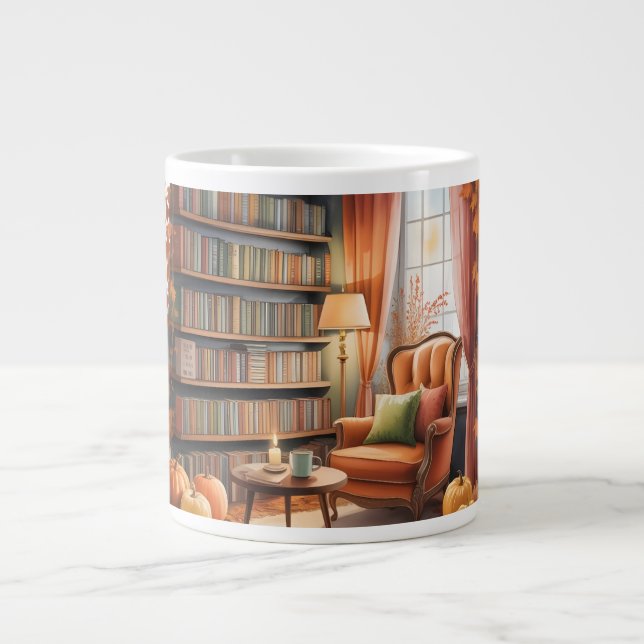 Caneca De Café Grande Elegant Fall Bookshelf MUG — Cozy Curtain (Frente)