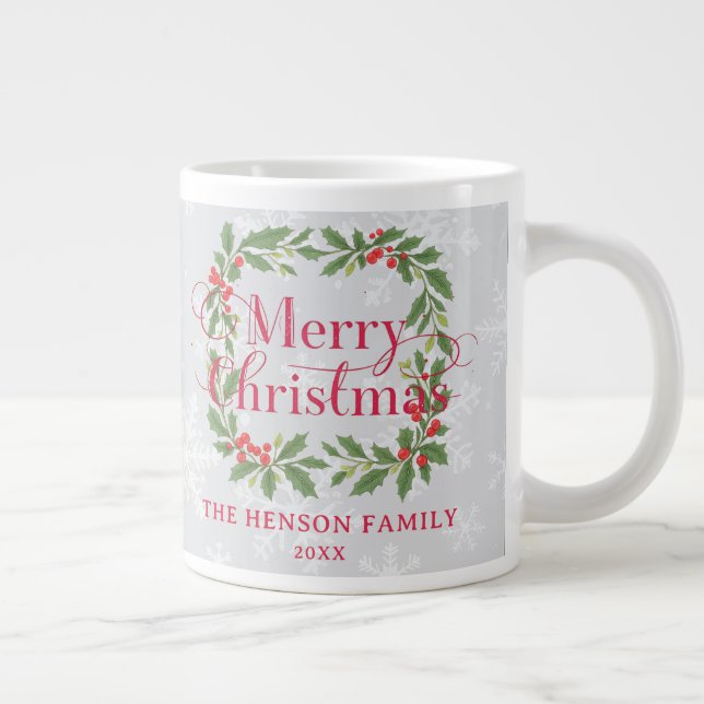 Caneca De Café Grande Elegant Holly Wreath Merry Christmas Family (Direita)