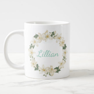 Caneca De Café Grande Elegant Monogram Botanical Lily Design