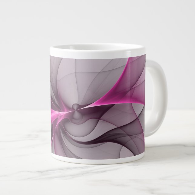 Caneca De Café Grande Elegante Caos Moderno, Abstrato, Arte Fractal Rosa (Frente Esquerda)
