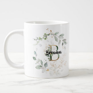 Caneca De Café Grande Elegante Greenery Wreath Monograma Nome 'B' Inicia