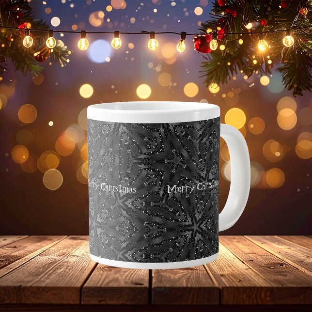 Caneca De Café Grande Elegante Negro brilhante Feliz Natal Personalizáve (Elegant Black Shiny Merry Christmas Customizable Giant Coffee Mug)
