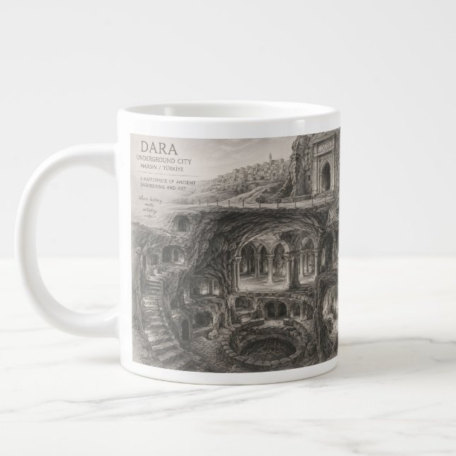 Caneca De Café Grande Esboço da Cidade Subterrânea de Dara em Mardin  (Esquerda)