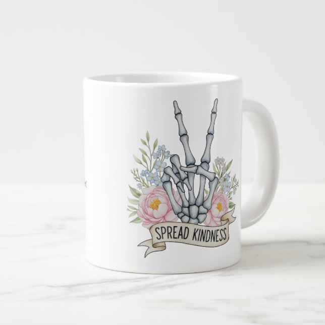 Caneca De Café Grande "Espalhe a Bondade" Sinal de Paz Esqueleto – Aquar (Frente Esquerda)