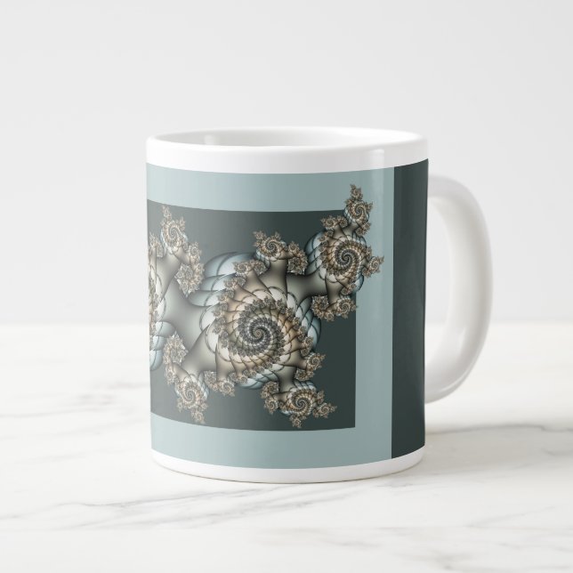 Caneca De Café Grande Espirais de Arte Fractal Azul-abstrato Beige (Frente Esquerda)