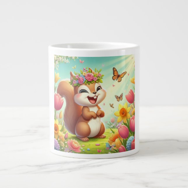 Caneca De Café Grande Esquilo de primavera feliz e bonito (Frente)