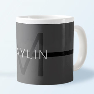 Caneca De Café Grande Estiloso Nome e Monograma Cinza Escuro Masculino