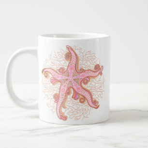 Caneca De Café Grande Estrelas-do-mar e Coral Padrão Pastel Rosa
