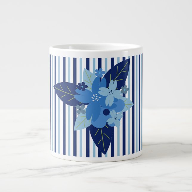 Caneca De Café Grande Estrias florais elegantes, azul monocromático (Frente)