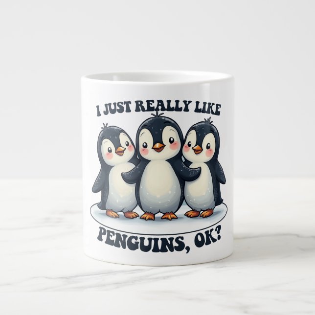 Caneca De Café Grande Eu Gosto Muito De Pinguins, OK? (Frente)