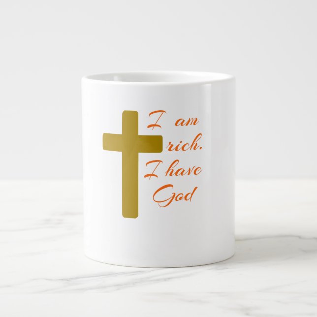 CANECA DE CAFÉ GRANDE EU SOU RICO. EU TENHO DEUS. (Frente)