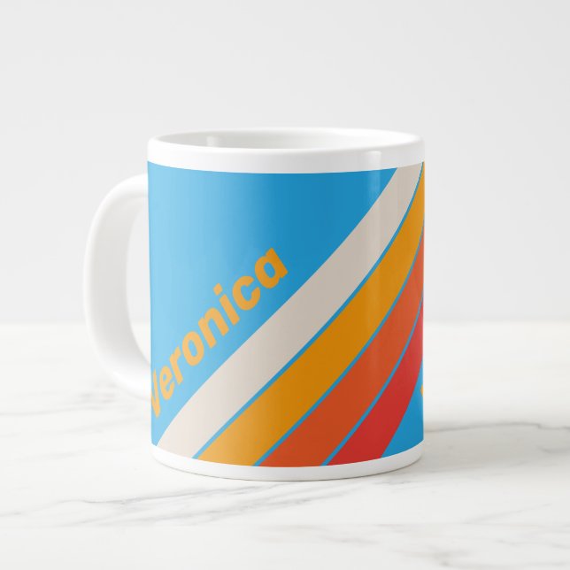 Caneca De Café Grande Faded Surf Blue Stripes with Name (Frente Esquerda)