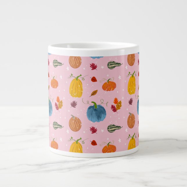 Caneca De Café Grande  Fall Leaves and Gourds on Pink Background (Frente)