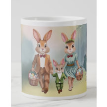 Família do Coelho da Páscoa Caçando Ovos - Aquarel