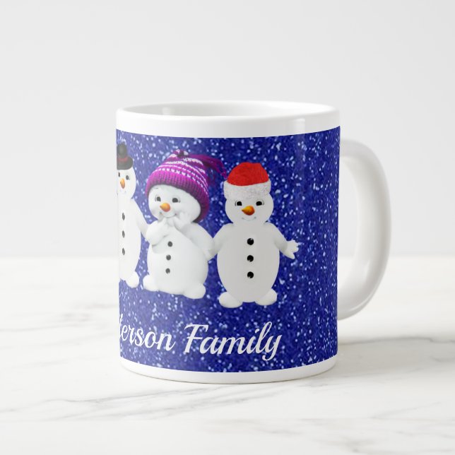 Caneca De Café Grande Family of Four Snowmen Blue Sparkle Winter    (Frente Esquerda)