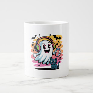 Caneca De Café Grande Fantasma de Festa com Gato Desenho de Halloween Fo