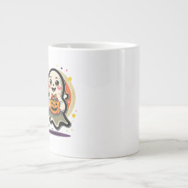 Caneca De Café Grande Fantasma Fofo Segurando Balde de Doces de Abóbora