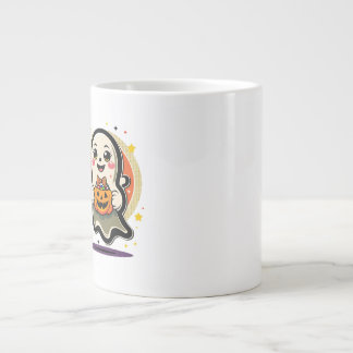 Caneca De Café Grande Fantasma Fofo Segurando Balde de Doces de Abóbora