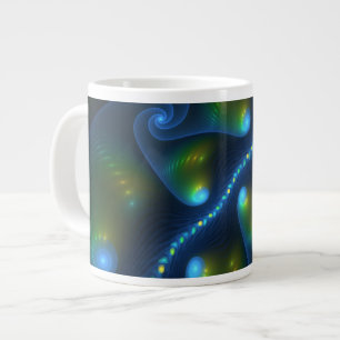 Caneca De Café Grande Fantasy Luzes Abstrato Azul Verde Amarelo Fractal