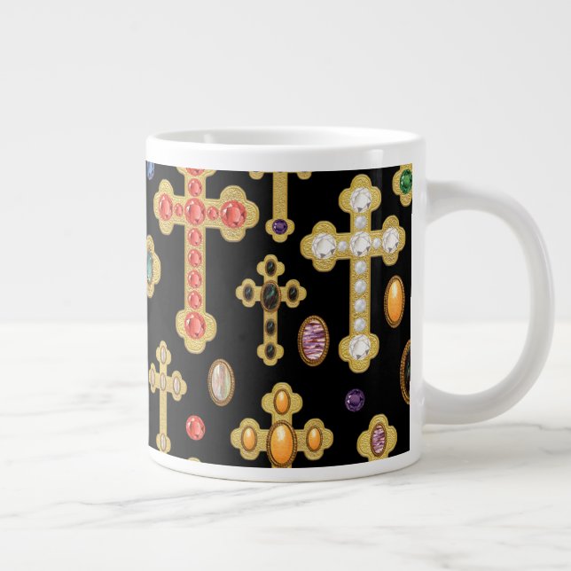 Caneca De Café Grande Faux Birthstone Croses and Loose Gems on Black (Direita)