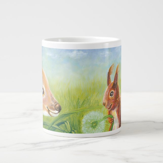 Caneca De Café Grande Fawn deitado na grama e Esquilo (Frente)