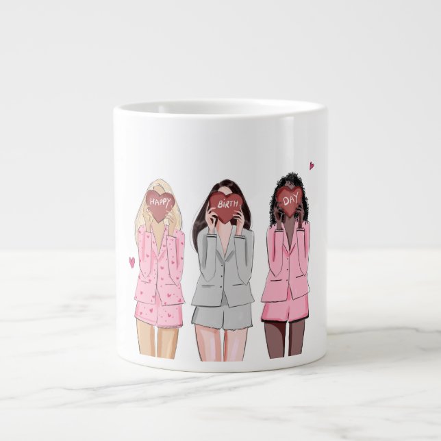 Caneca De Café Grande Feliz aniversário ilustra garotas rosa (Frente)