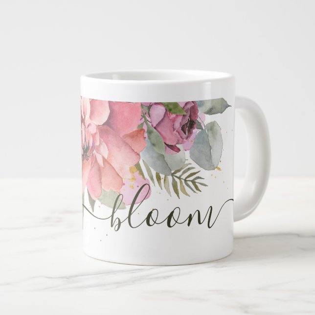 Caneca De Café Grande Feliz "Bloom" Floral Rosa (Frente Esquerda)