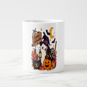 Caneca De Café Grande Feliz Dia das Bruxas Fantasma & Abóbora Gato Preto
