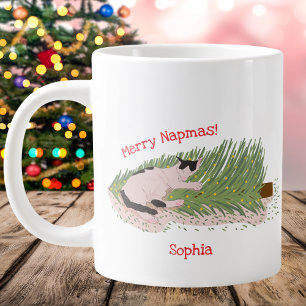 Caneca De Café Grande Feliz Napmas! Gato Engraçado vs Árvore de Natal