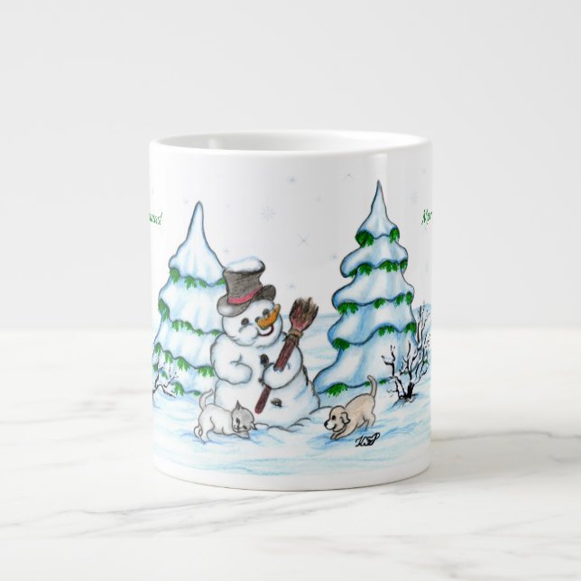 Caneca De Café Grande Feliz Natal! Neve com Cat e Puppy (Frente)
