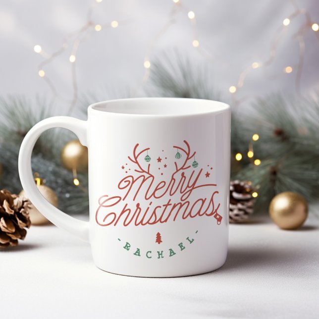 Caneca De Café Grande Feliz Natal - Reindeer Antlers Personalizados (Merry Christmas Personalized Reindeer Antlers Giant Coffee Mug)