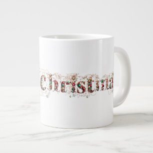 Caneca De Café Grande Feliz Natal Texto Decorativo Dourado e Bolas