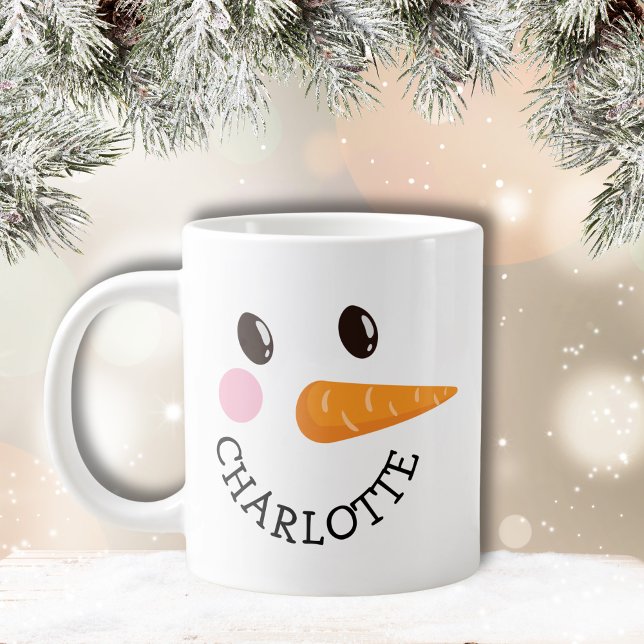 Caneca De Café Grande Feliz Snowman Face Personalizado Nome Dom Feriado  (Happy Snowman Face Custom Name Holiday Gift Jumbo Giant Coffee Mug)