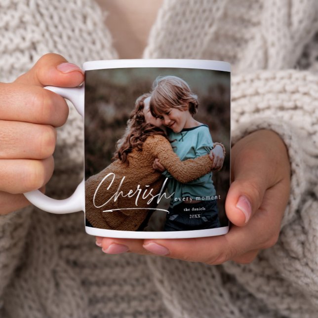 Caneca De Café Grande Feriado de Natal com Foto Simples Script 2 (A simple photo mug with script cherish every moment message.)