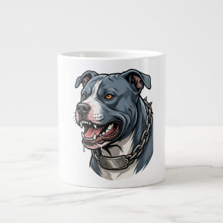 Caneca De Café Grande Feroz Pit Bull Cinza Azul com Colar de Cadeia com 