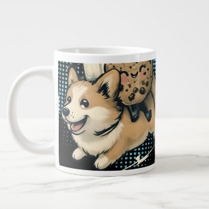 Caneca De Café Grande Filhote de corgi feliz e fofo com leite e biscoito