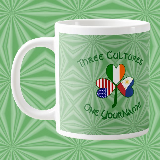 Caneca De Café Grande Filipinas Irlanda EUA Shamrock Flag Personalizado (Giant mug featuring a Philippines‑Ireland‑USA shamrock on green squiggly squares.)