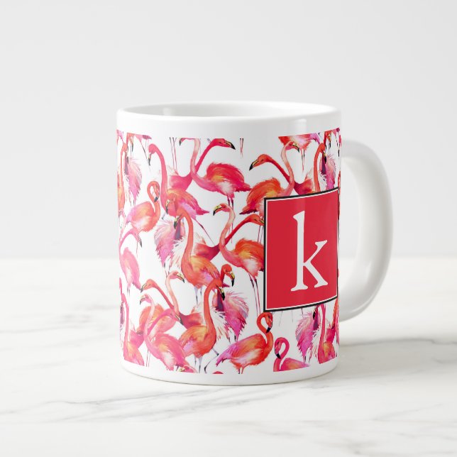 Caneca De Café Grande Flamingo Em Aquarela| Adicione Seu Nome (Frente Esquerda)