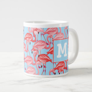 Caneca De Café Grande Flamingos cor-de-rosa brilhante em azul Adicione