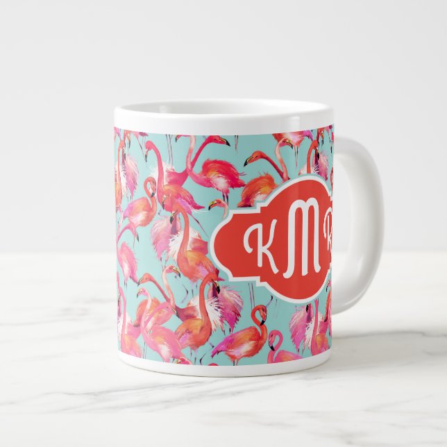 Caneca De Café Grande Flamingos de Aquarela Coletados| Monograma (Frente Esquerda)