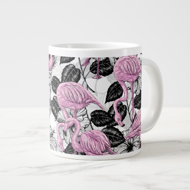 Caneca De Café Grande Flamingos e flores de hibisco (Frente Esquerda)