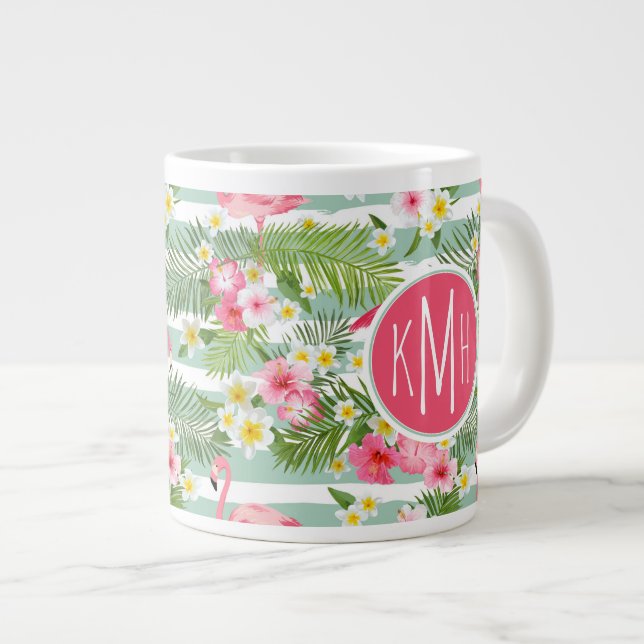 Caneca De Café Grande Flamingos E Stripes| Monograma (Frente Esquerda)