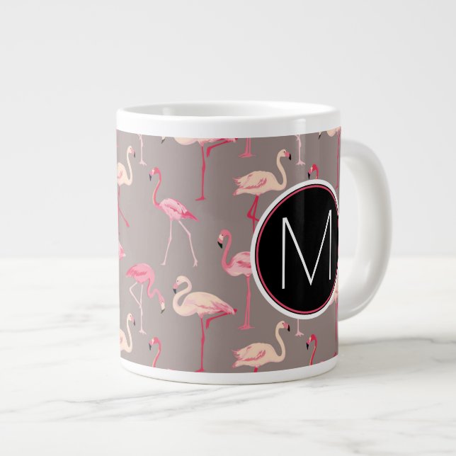 Caneca De Café Grande Flamingos Retro| Monograma (Frente Esquerda)