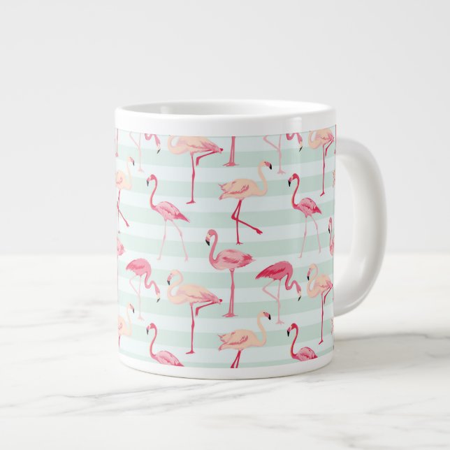 Caneca De Café Grande Flamingos Retroativos Em Faixa De Pontos (Frente Esquerda)