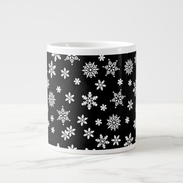 Caneca De Café Grande Flocos de neve brancos em preto (Frente)