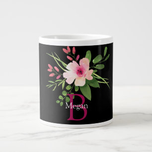 Caneca De Café Grande Flor de Aquarela, Nome & Monograma em Preto