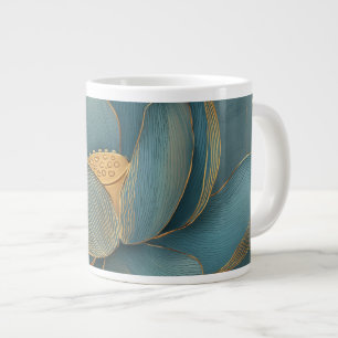 Caneca De Café Grande Flor de Lótus Dourada e Turquesa Linha Geométrica