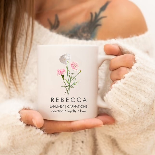 Caneca De Café Grande Flor de Nascimento Personalizado do Carnações Jane (Criador carregado)
