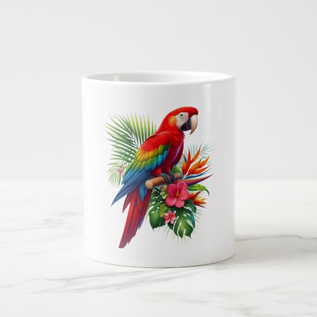Caneca De Café Grande Flor tropical de arara vermelha (Frente)
